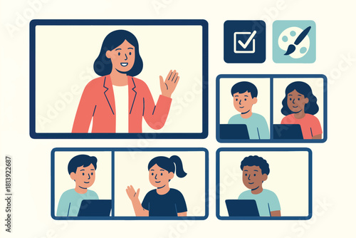 Diverse group of students learning remotely with a teacher on a video conference call, illustrating online education and digital classroom technology