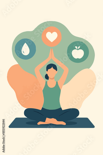 Healthy lifestyle and mindfulness meditation concept with yoga pose and icons representing water, heart, and apple