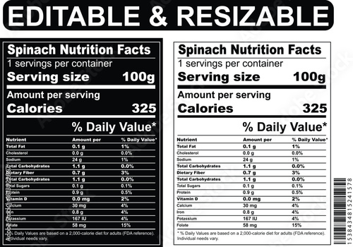 spinach Facts label isolated on white background with daily values, nutrition calculator, nutritional panel, Supplement Facts