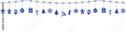 Panoramic christmas banner, new year background with blue garland with silhouettes of christmas tree decorations on strings on a white background with copy space