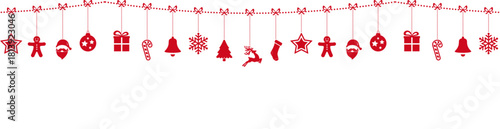 Panoramic christmas banner, new year background with red garland of christmas toy silhouettes on white background with space for text