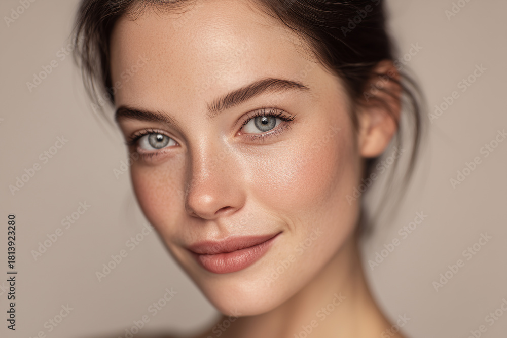 Fototapeta premium Close-up portrait of a young woman with glowing skin, blue eyes and natural makeup, smiling with confidence and modern beauty.