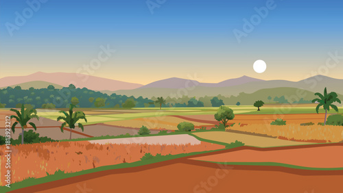 Peaceful evening sky in an Asian village, glowing warm orange with palm trees vector illustration ai generated art