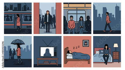 Set of Eight Vector Illustrations Depicting Daily Urban Routine, Commuting, Isolation, and Mental Health Struggles