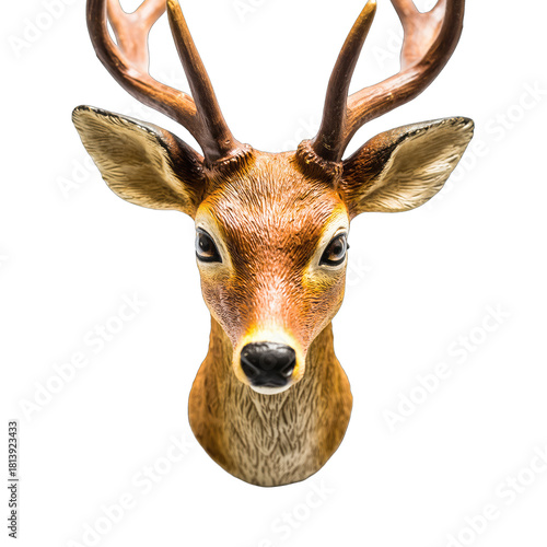 Deer Head Bust with Antlers and Brown Fur Against a Transparent Background Studio Shot