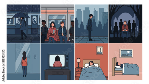Sequential Vector Illustration Set Depicting Loneliness, Depression, and Isolation in Modern Urban Life
