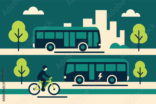 Illustration of a cyclist and a bus traveling in an urban setting, symbolizing eco-friendly transportation options in a city