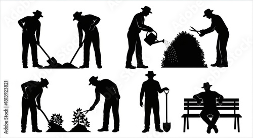 Gardener Silhouette Vector Showing Sequential Actions — Digging, Watering, Pruning, Resting

