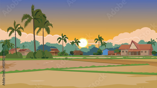 Warm sunset view in an asian village orange sky with palm trees vector illustration ai generated art