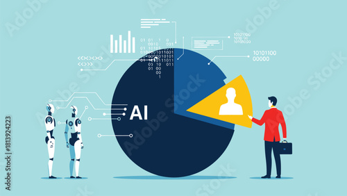 Artificial Intelligence Data Analysis Pie Chart Illustration with Businessman and Robots