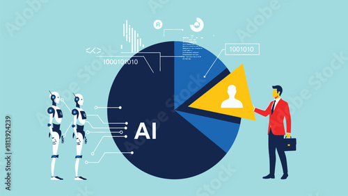 AI Business Integration and Human Role Vector Illustration. Data analysis, automation, and strategic planning represented by a pie chart, robots, and a businessman.