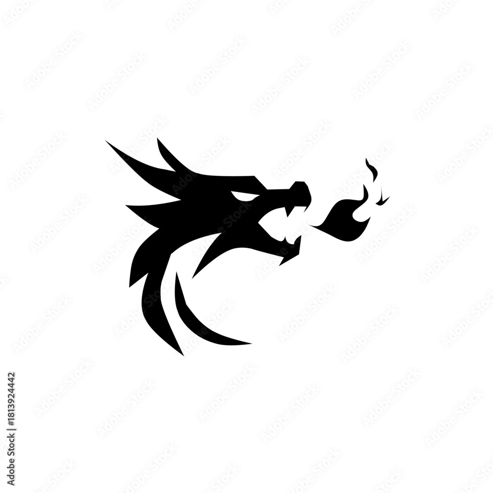 Obraz premium Fierce, aggressive dragon head logo breathing fire. A bold black and white design symbolizing power, intensity, and speed. Ideal for gaming, e-sports, or powerful fantasy branding.