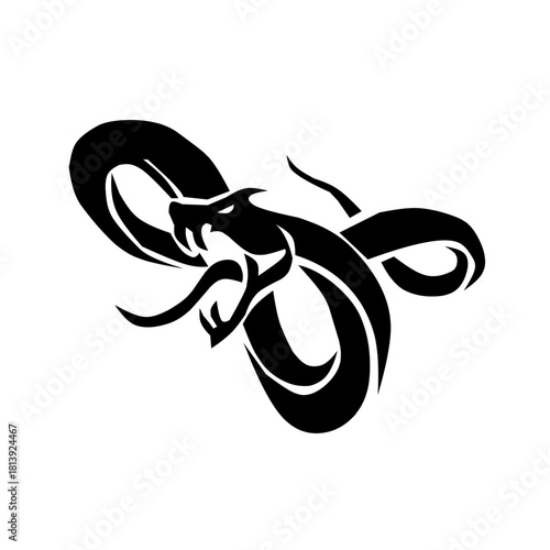 Fierce, coiled cobra logo with open fangs and tongue. A dynamic black silhouette symbolizing danger, infinity, power, and speed for intense athletic or security branding.