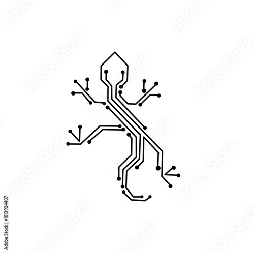 Innovative lizard design formed by circuit board lines and dots. A minimalist black and white symbol for technology, connection, speed, and digital innovation.