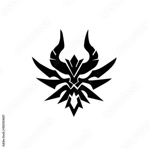 Intense, abstract demon or dragon head logo with sharp horns. A fierce black and white design symbolizing dark power, chaos, and mystery, perfect for gaming or metal apparel.