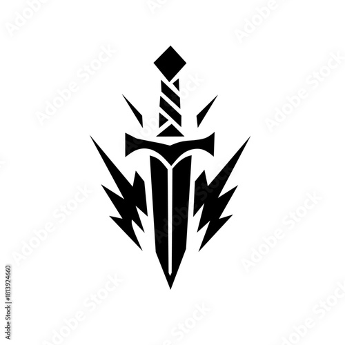 Striking sword logo with dynamic lightning bolts in black and white. Symbolizes power, speed, justice, and strength. Ideal for gaming, security, or bold action branding.