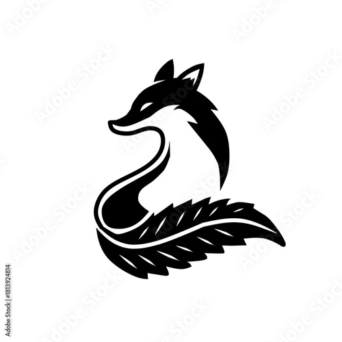 Elegant, stylized black and white fox with a flowing, leafy tail. A sophisticated and natural design, perfect for branding, logos, or apparel.
