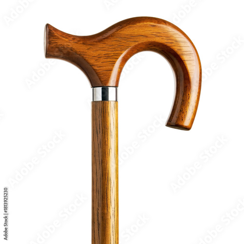 Detailed Close-up of a Polished Brown Wooden Cane with a Curved Handle and Silver Accents isolated on a Black Background symbolizing elegance and support