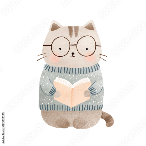 Cute Watercolor Cat Reading Book with Glasses.