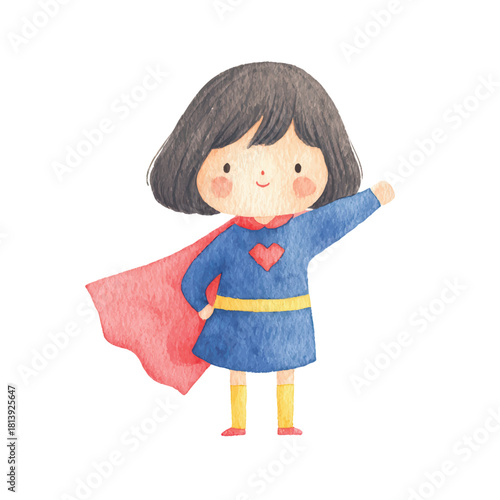Cute Watercolor Superhero Girl Illustration with Red Cape.