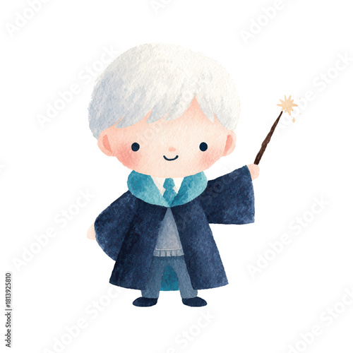 Cute Watercolor Wizard Boy Casting Spell with Magic Wand.