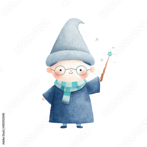 Cute Watercolor Wizard Boy with Magic Wand Illustration.