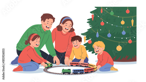Family Gathering at Christmas: A heartwarming scene unfolds as a family gathers around a Christmas tree. Sharing the spirit of Christmas, the family is joyfully arranging a toy train.