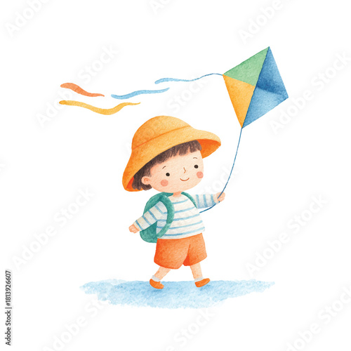 Cute Child Playing with Kite Watercolor Illustration.