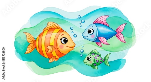 Cartoon Fishes in Watercolor - Cartoon illustration of three cute fishes with different colors in watercolor