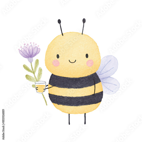 Cute Watercolor Bee Holding Flower and Honey Cup.