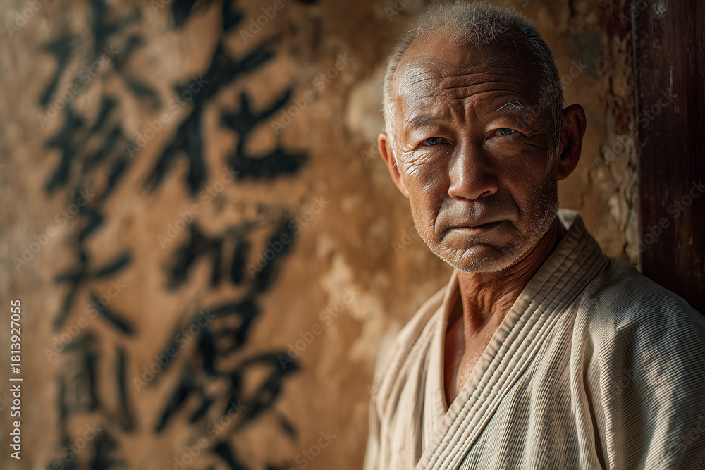 Naklejka premium Contemplative portrait of an elderly martial arts master in a worn traditional uniform by a calligraphy-covered wall, radiating strength and wisdom