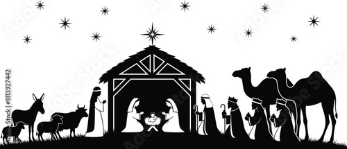 Christmas Nativity scene silhouette, Holy Family in stable with Wise Men, shepherd, animals and Star of Bethlehem, black vector illustration.