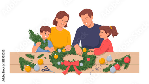 Joyful Family Christmas Crafts: A cheerful family gathering together at a table to create festive Christmas decorations, showcasing unity and holiday cheer.