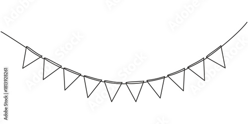 Continuous line art drawing buntings garland. Celebration party hand drawn flags, One line party garland sketch. Hand drawn elements