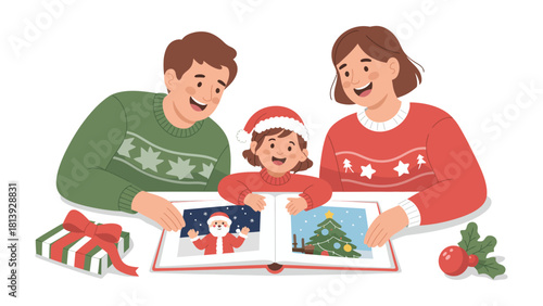 Christmas Memory: A family gathers, filled with warmth and cheer, to share cherished memories of Christmas. They’re looking at photos of Santa Claus and a Christmas tree.