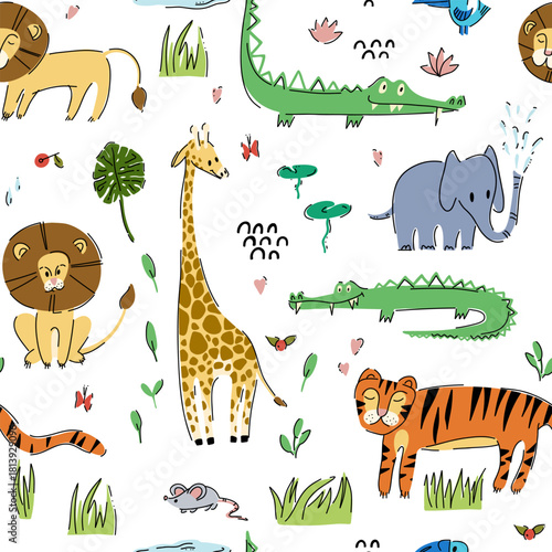 Photography Seamless pattern with cute wild animals, birds and tropical plants