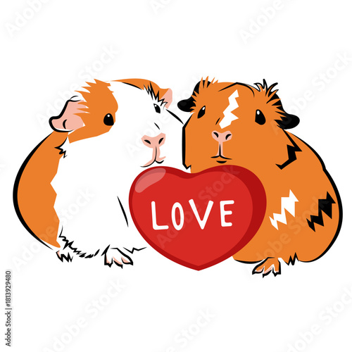 Two Smooth-Coated Guinea Pigs with Heart Love Vector Illustration