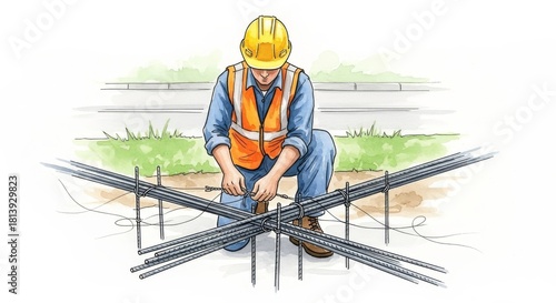 Construction Worker Tying Rebar on Roadside - Cartoon illustration of a construction worker securing rebar.