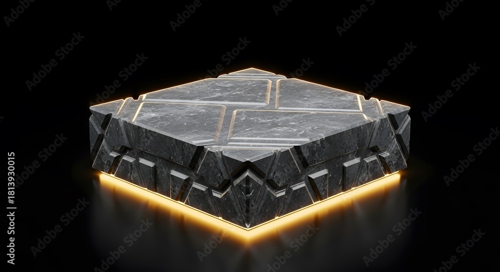 Fototapeta premium Polygonal pedestal stone gray color illuminated with bright yellow light stands on black background studio shot for product display