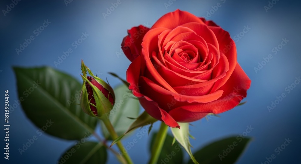 Fototapeta premium Crimson Rose with Bud on Blue - Captivating red rose and bud against a blue background. Symbolizing passion, beauty, growth, love, and elegance