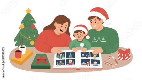 Christmas Memories: A cozy family gathering, seated around a table, engrossed in a festive album, with a Christmas tree and wrapped gifts. a scene brimming with warmth and love.