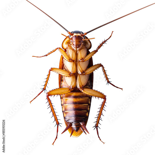 Detailed Upside Down View of a Cockroach on a Black Background Showing Thorax Abdomen Legs Antennae and Exoskeleton Texture Macro Photography Studio Lighting