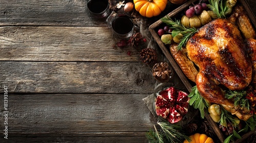 Traditional roasted turkey dinner with pumpkins and wine on a rustic wooden table, a thanksgiving feast
