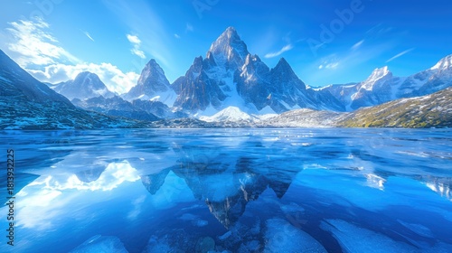 Wallpaper Mural Majestic snowy mountain reflected in a frozen blue lake under a bright clear sky, creating a dramatic winter landscape scene. Torontodigital.ca