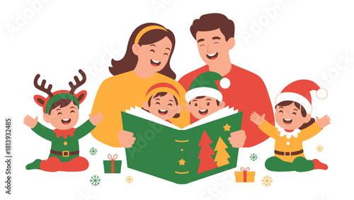 Christmas Story: Family Gathered Around: A heartwarming family scene unfolds as they gather around a book, immersed in a cherished Christmas story, filled with laughter and festive cheer. 