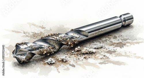 Wallpaper Mural Drill Bit with Debris Illustration - An illustration of a metal drill bit covered with dirt, against a white background Torontodigital.ca