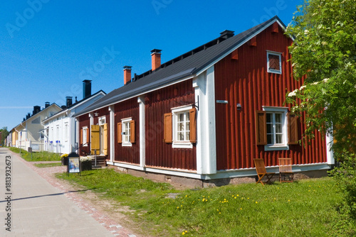 Old wooden building in Pikisaari district of the city of Oulu, Finland