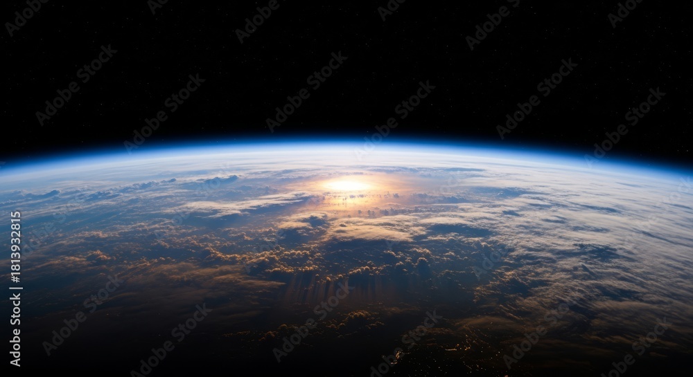 Fototapeta premium Earth From Space At Dawn - View of Earth from space. Highlighting atmospheric colors, curvature, clouds, and the rising sun. Symbolizing fragility, perspective, exploration, hope, and beauty