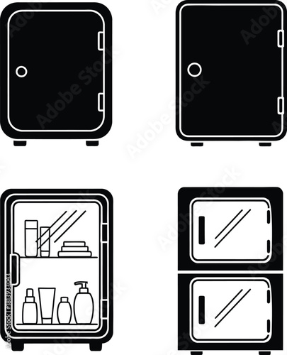 Mini skin care fridge and cosmetic storage cabinet black silhouette vector icon set showing open and closed options.