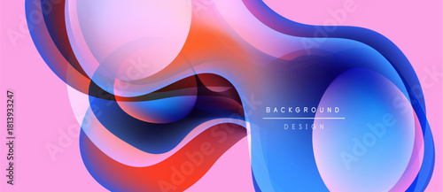 Abstract fluid shapes overlap, creating vibrant color gradients. Pink background complements blue, red hues. Modern design element.